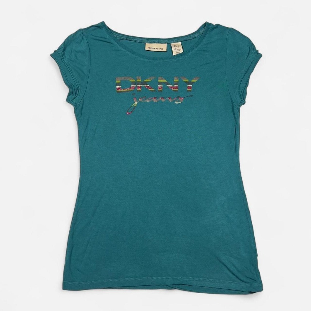 Y2K DKNY Jeans Graphic Logo Teal Green Baby Tee
